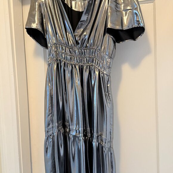 Anthropologie The Somerset Maxi Dress Metallic Edition Tiered Smock Silver XS - Picture 3 of 5